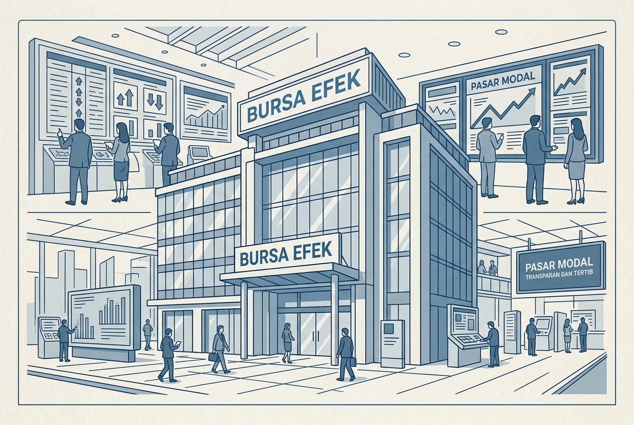Ilustrasi gedung bursa dan papan informasi perdagangan saham