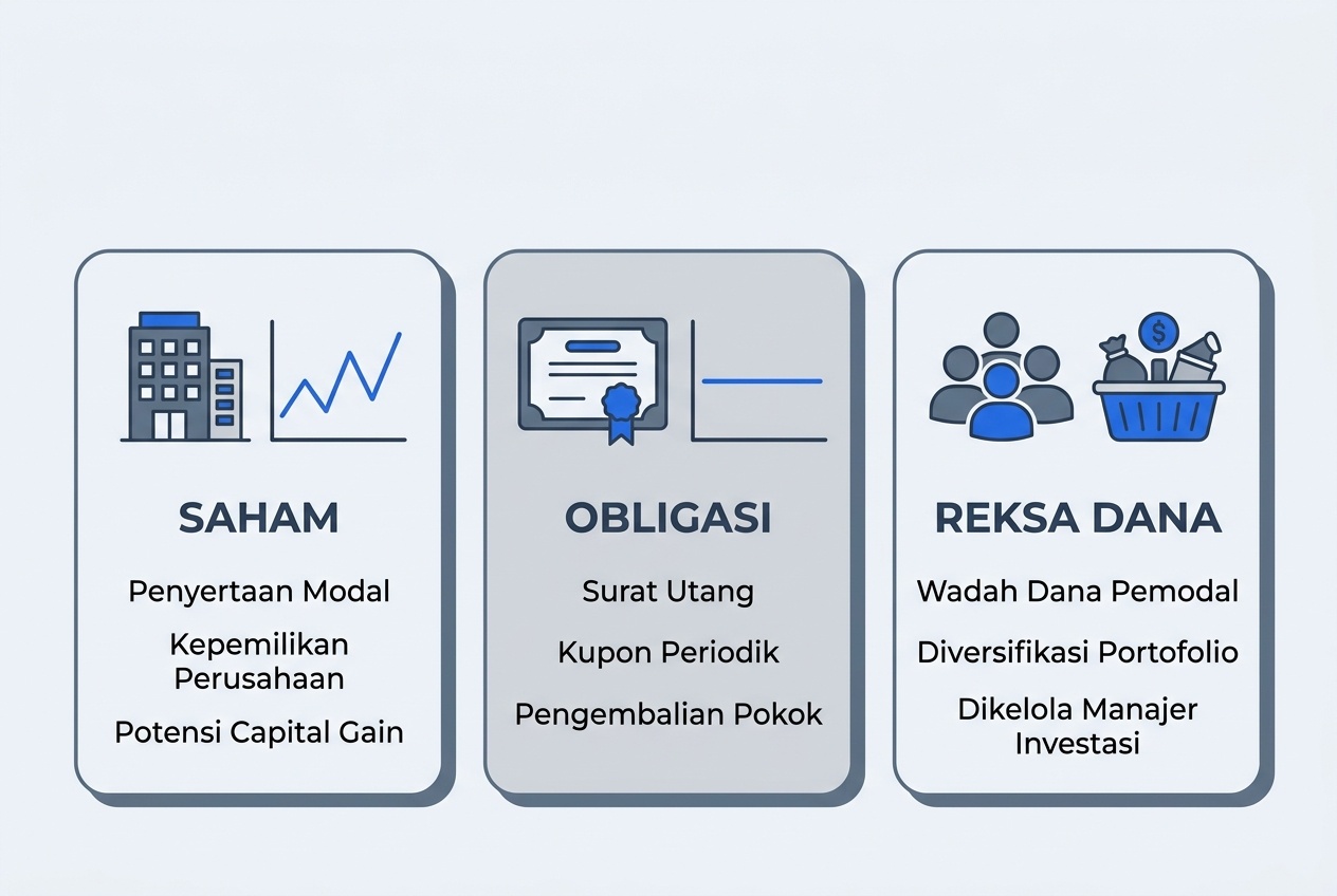 Ilustrasi beragam instrumen pasar modal seperti saham dan obligasi